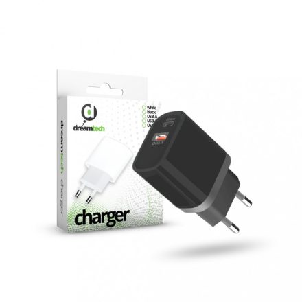 Dreamtech Charger Black 20W QC3.0 Type C + USB-A hálózati gyors töltő adapter
