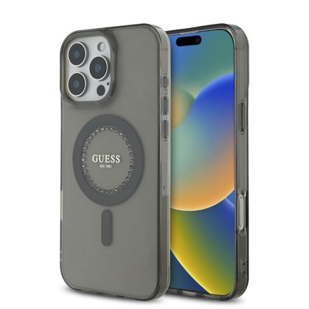 Guess IML Rhinestones Ring MagSafe Tok iPhone 16 Pro fekete