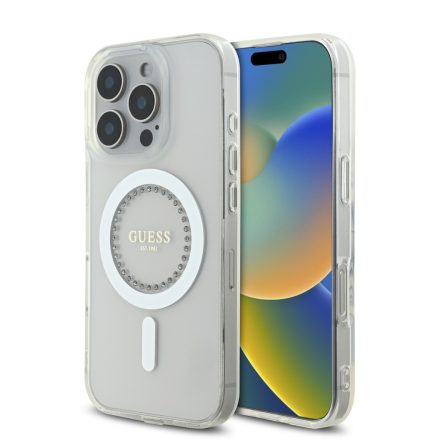Guess IML Rhinestones Ring MagSafe Tok iPhone 16 Pro fehér