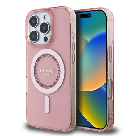 Guess IML Rhinestones Ring MagSafe Tok iPhone 16 Pro pink