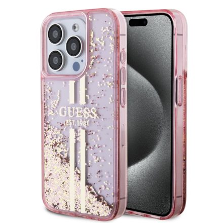 Guess PC/TPU Csillámos arany Csíkos Tok iPhone 15 Pro Pink GUHCP15LLFCSEGP