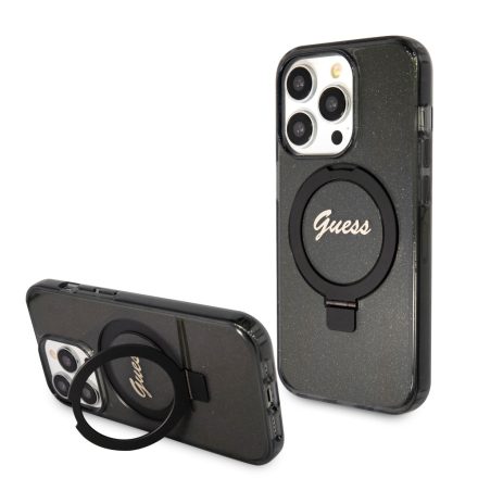 Guess Gyűrűvel Csillámos MagSafe Tok iPhone 15 Pro Max fekete GUHMP15XHRSGSK