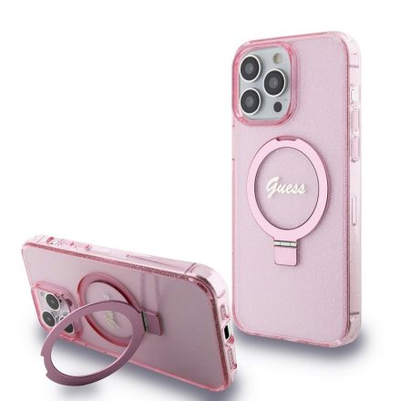 Guess Gyűrűvel Csillámos MagSafe Tok iPhone 15 Pro Pink GUHMP15LHRSGSP