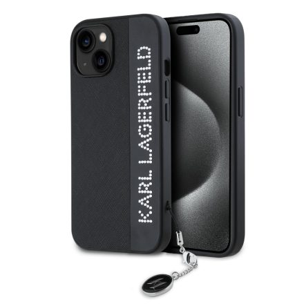Karl Lagerfeld PU Saffiano Rhinestone Charm Tok iPhone 15 fekete KLHCP15SPSAKDGCK