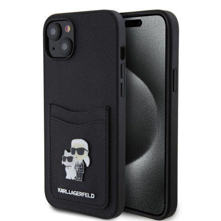 Karl Lagerfeld PU Saffiano Card Slot Metal Karl and Choupette Tok iPhone 15 fekete