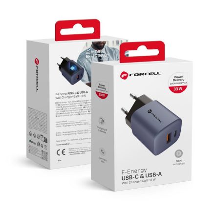 FORCELL F-ENERGY GaN VT-31 travel charger Type C + USB A PD QC4.0 3A 33W szürke