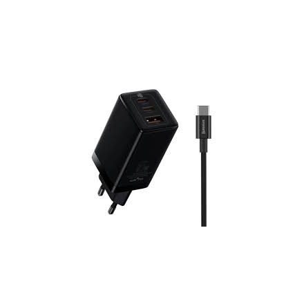 BASEUS hálózati töltő USB/2 Type-C aljzat (5V/3A, 65W, GaN3, PD gyorstöltő 4.0 + Type-C kábel fekete CCGP050101