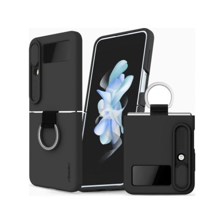 NILLKIN CAMSHIELD SILKY Z Flip4 5G (SM-F721) fekete szilikon telefonvédő (matt, mikrofiber plüss belső, kamera védelem, telefongyűrű)