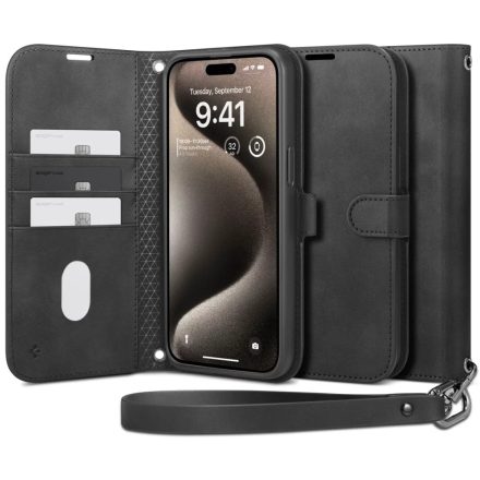 SPIGEN WALLET S PRO flip tok álló bőr hatású iPhone 15 Pro FEKETE ACS06740