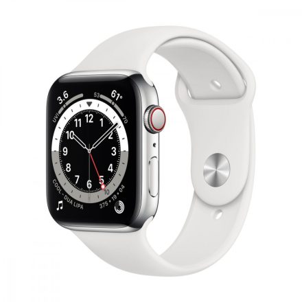 Apple Watch S6 GPS + Cellular, 44mm Silver Stainless Steel Case with White Sport Band - Regular