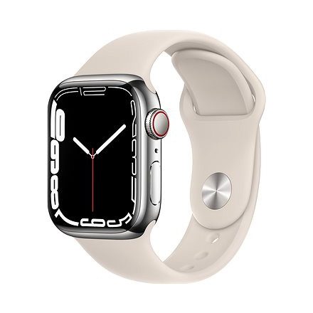 Apple Watch S7 Cellular, 41mm Silver Stainless Steel Case with Starlight Sport Band - Regular mkhw3hc/a