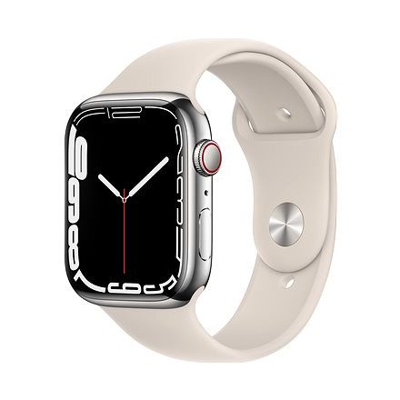 Apple Watch S7 Cellular, 45mm Silver Stainless Steel Case with Starlight Sport Band - Regular mkjv3hc/a