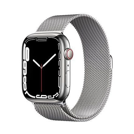 Apple Watch S7 Cellular, 45mm Silver Stainless Steel Case with Silver Milanese Loop mkjw3hc/a