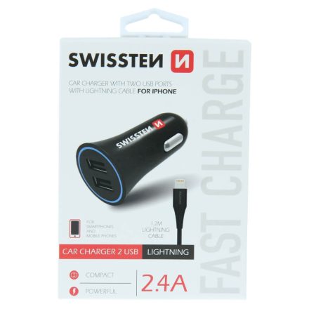Swissten autós töltő, 2 USB, lightning kábellel, 2,4A, fekete