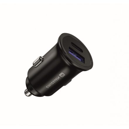 Swissten autós töltő adapter PowerDelivery USB-C + QuickCharge 3.0, 36W, metál fekete