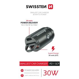   Swissten autós töltő adapter PowerDeliver USB-C + Super Charge 3.0, 30W, nano, ezüst