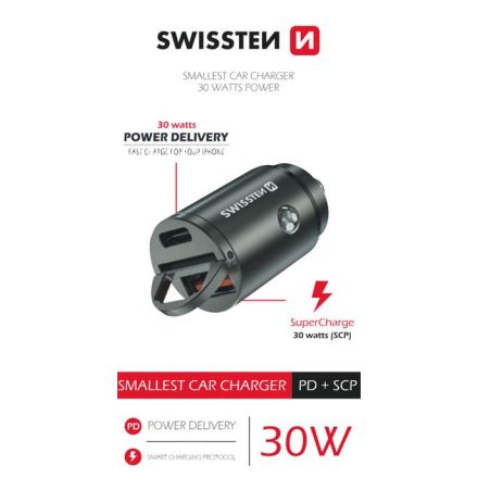 Swissten autós töltő adapter PowerDeliver USB-C + Super Charge 3.0, 30W, nano, ezüst