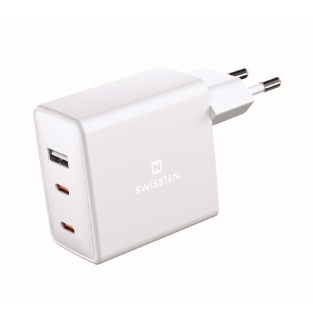 Swissten GaN mini hálózati töltőadapter, 2XUSB-C + 1XUSB, 70W, PowerDelivery