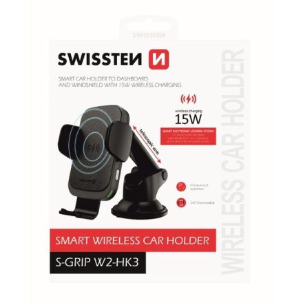 Swissten elektromos autós tartó és vezeték nélküli töltő műszerfalra, szélvédőre, 15W, W2-HK3