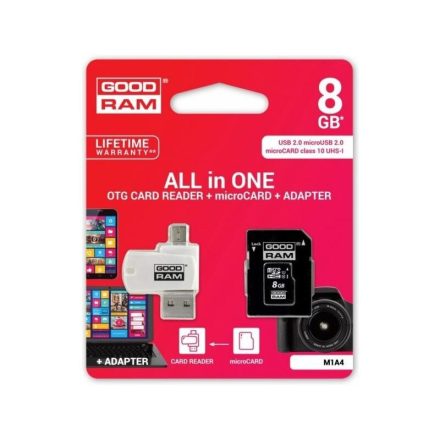 Goodram 8GB microSDHC Class 10 memóriakártya SD adapterrel, Micro USB / USB OTG kártyaolvasóval és Artisjus matricával - M1A4-0080R11