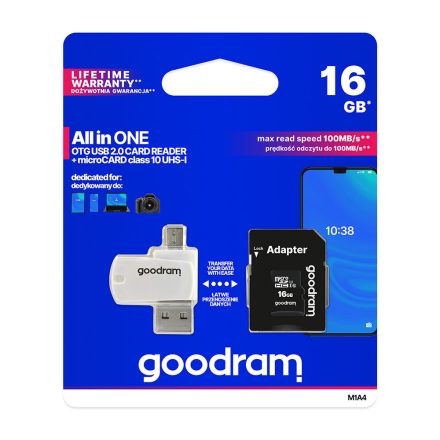 Goodram 16GB microSDHC Class 10 memóriakártya SD adapterrel, Micro USB / USB OTG kártyaolvasóval és Artisjus matricával - M1A4-0160R12