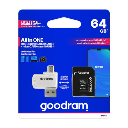 Goodram 64GB microSDHC Class 10 memóriakártya SD adapterrel, Micro USB / USB OTG kártyaolvasóval és Artisjus matricával - M1A4-0640R12
