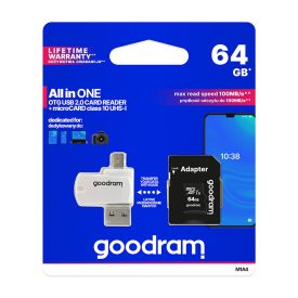   Goodram 64GB microSDHC Class 10 memóriakártya SD adapterrel, Micro USB USB OTG kártyaolvasóval és Artisjus matricával - M1A4-0640R12